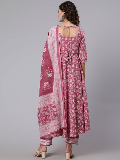 Pink Ethnic Printed Flared Kurta With Trouser And Dupatta