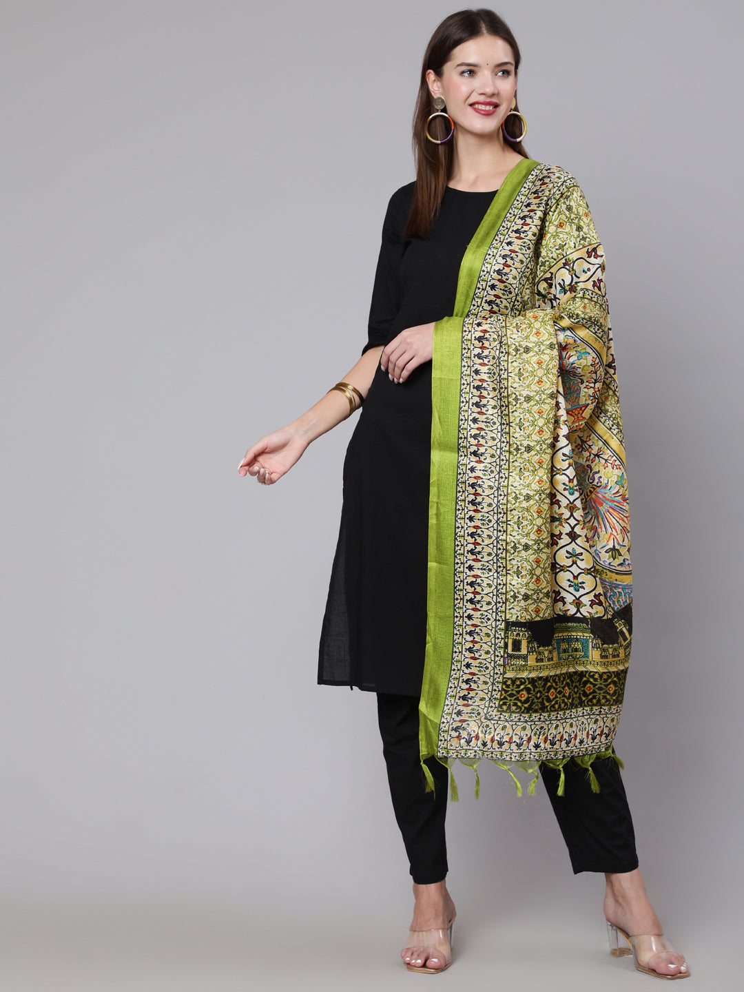 Black Solid Kurta And Palazzo With Printed Dupatta