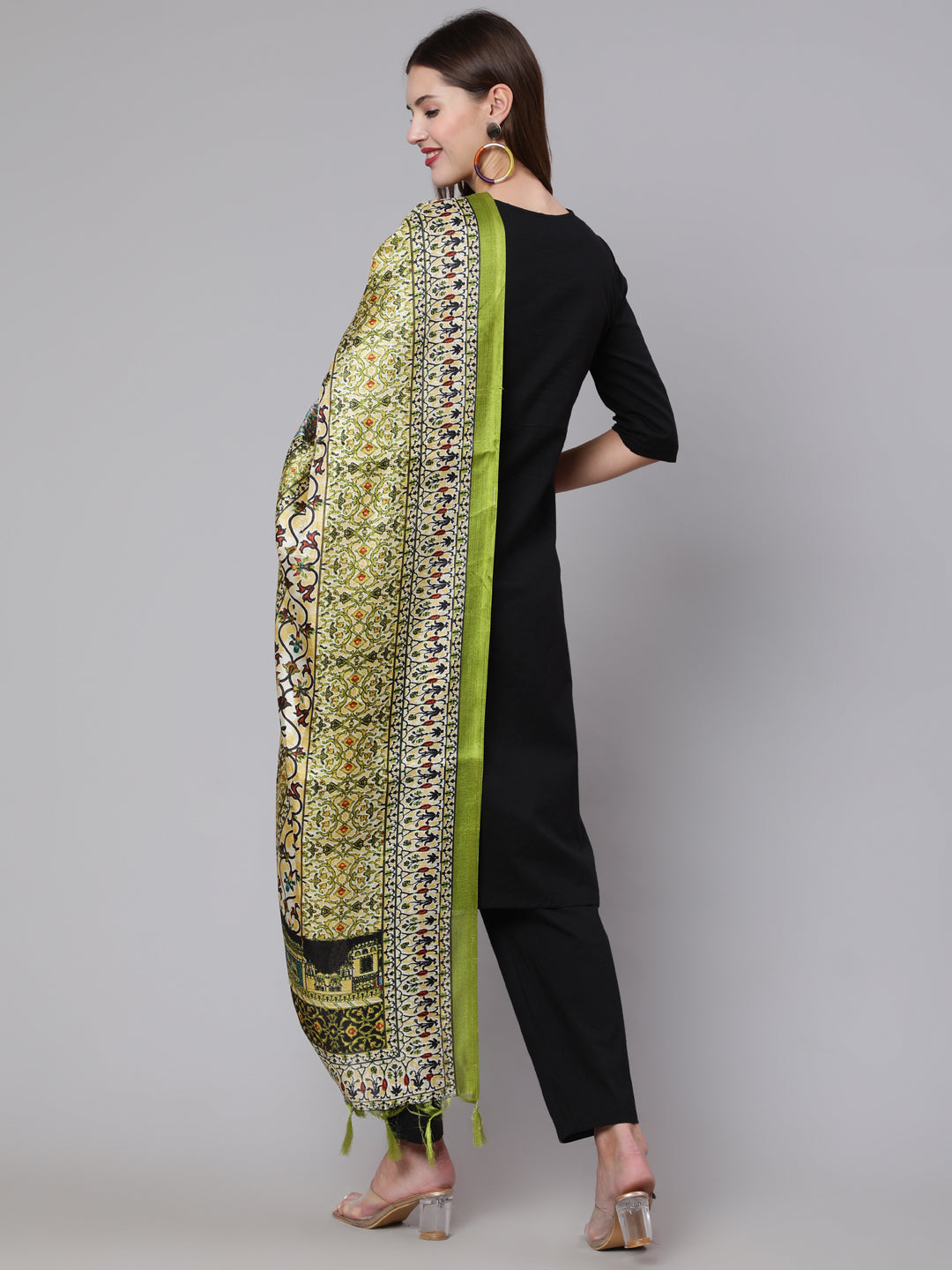Black Solid Kurta And Palazzo With Printed Dupatta