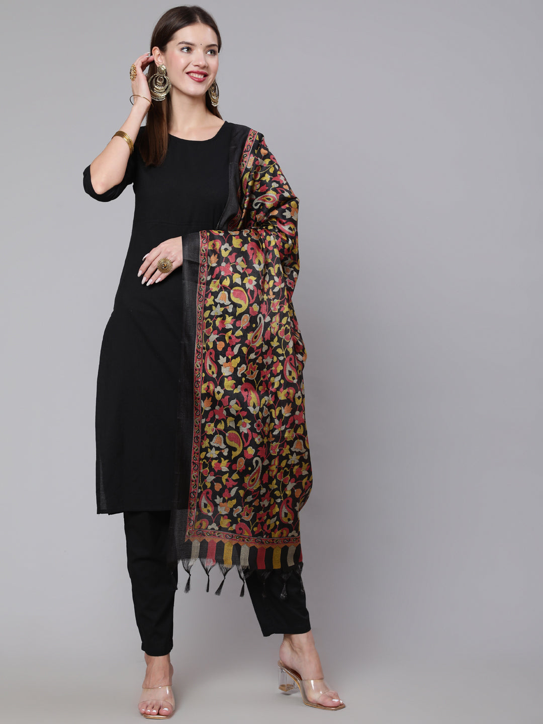 Black Solid Kurta And Palazzo With Printed Dupatta