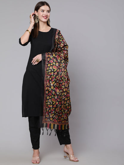 Black Solid Kurta And Palazzo With Printed Dupatta