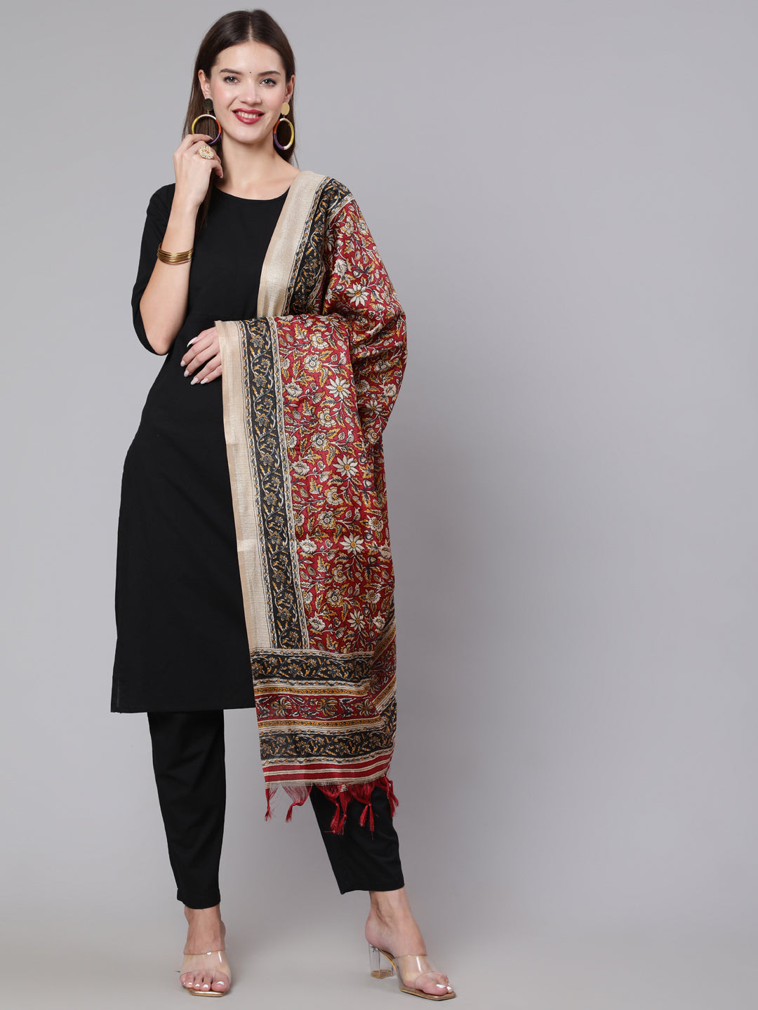 Black Solid Kurta And Palazzo With Printed Dupatta