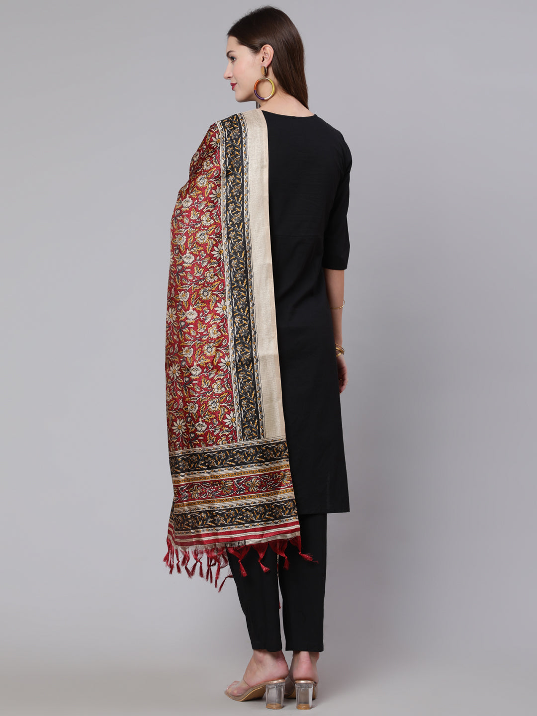 Black Solid Kurta And Palazzo With Printed Dupatta
