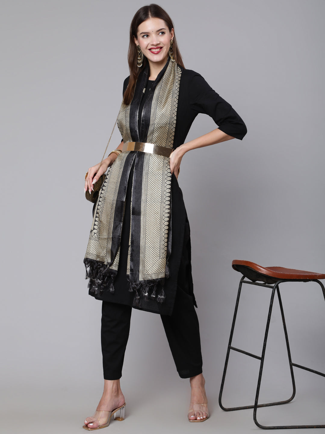 Black Solid Kurta And Palazzo With Printed Dupatta