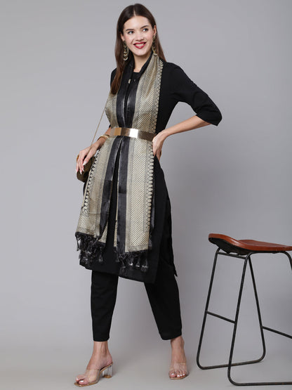 Black Solid Kurta And Palazzo With Printed Dupatta