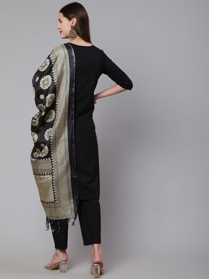 Black Solid Kurta And Palazzo With Printed Dupatta