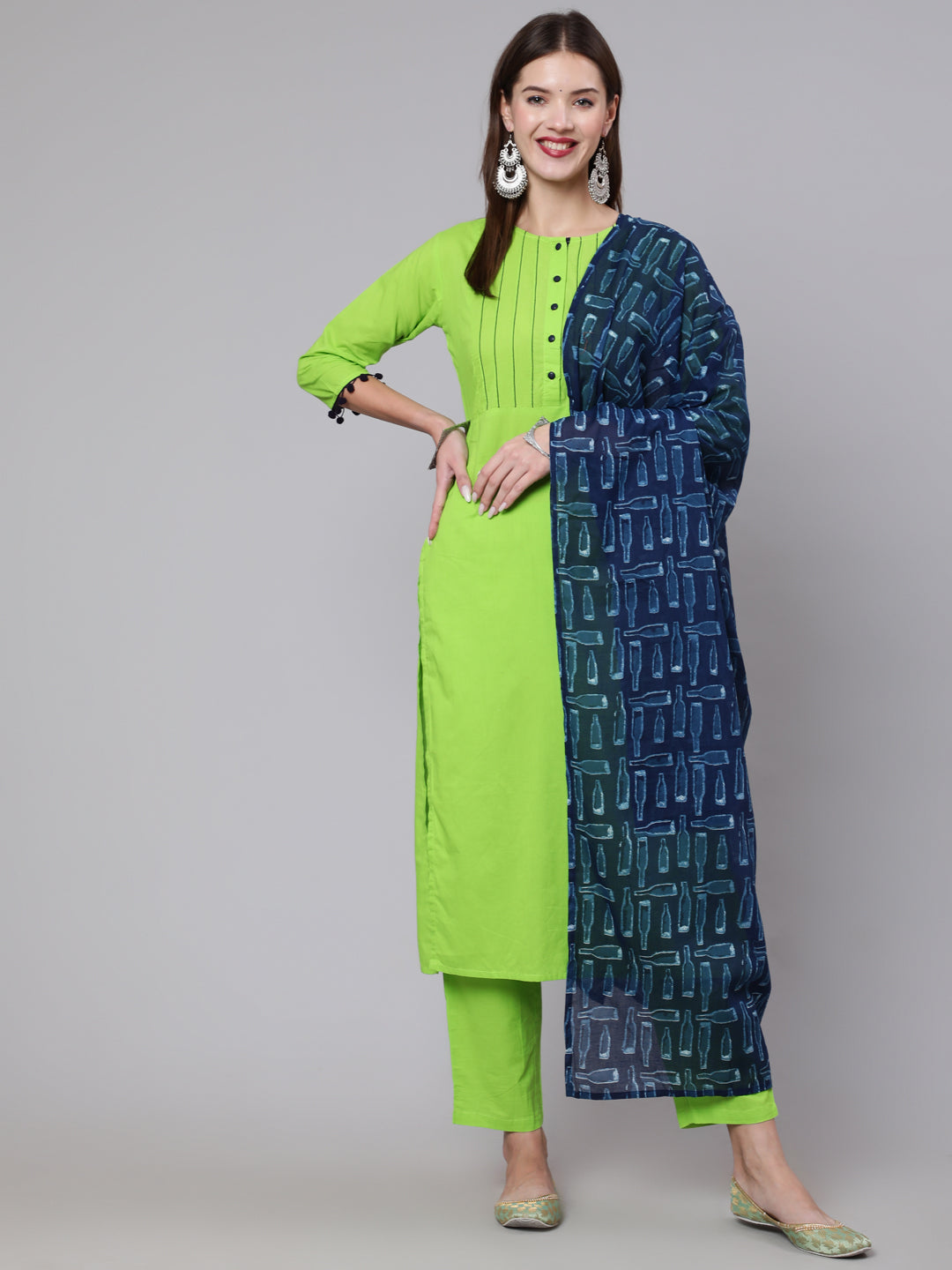 Green Solid Kurta And Trouser With Printed Dupatta