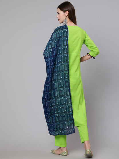 Green Solid Kurta And Trouser With Printed Dupatta