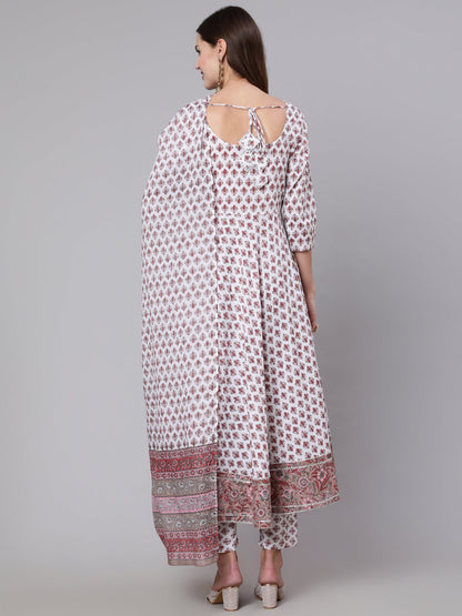 Off White Flared Kurta With Trouser & Dupatta