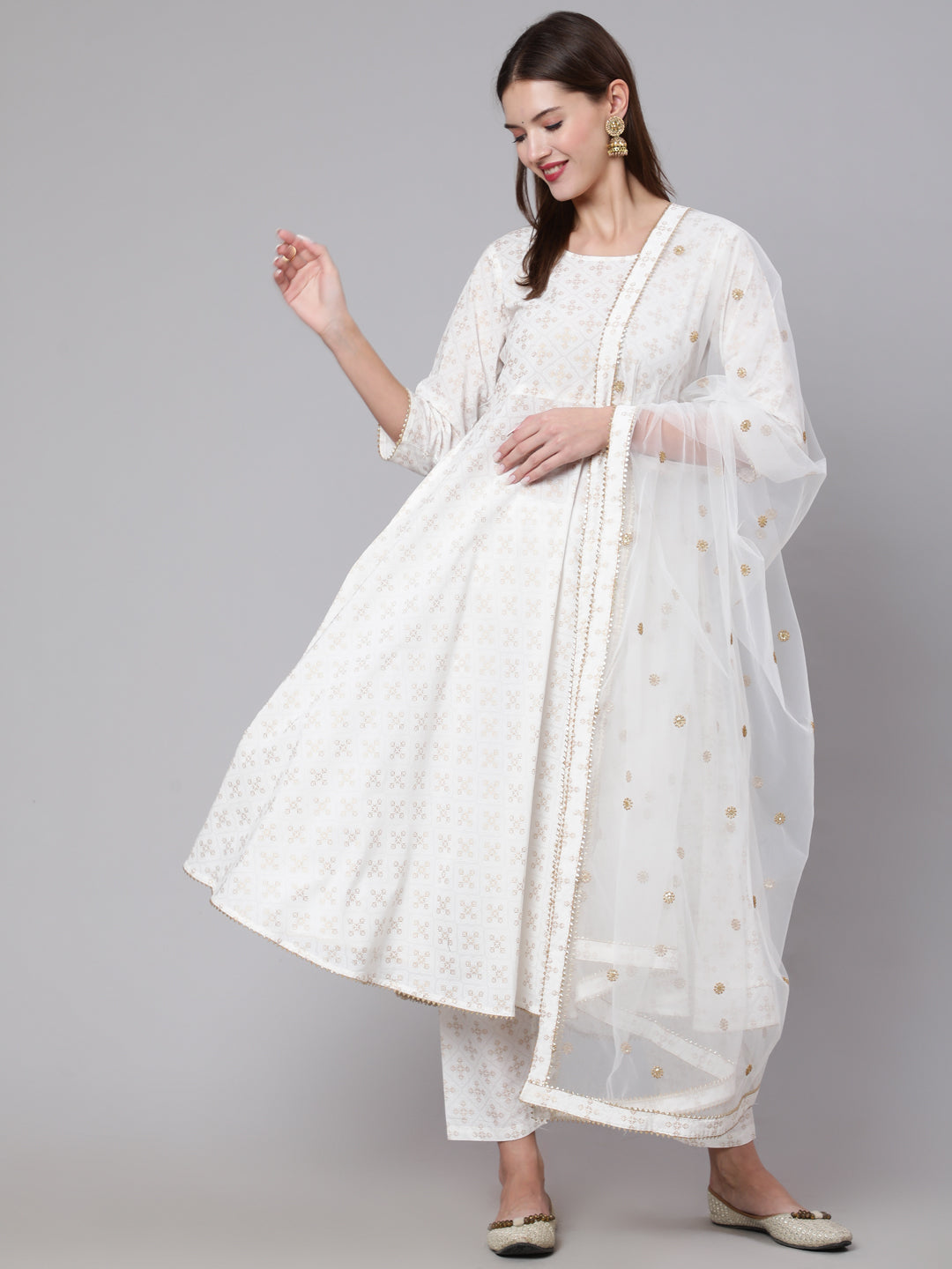 Off White Flared Kurta With Trouser & Dupatta