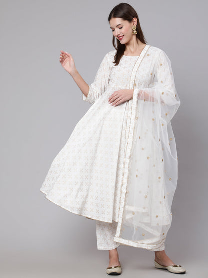 Off White Flared Kurta With Trouser & Dupatta