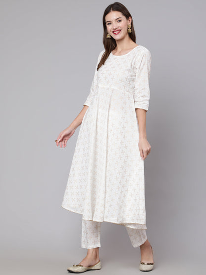 Off White Flared Kurta With Trouser & Dupatta