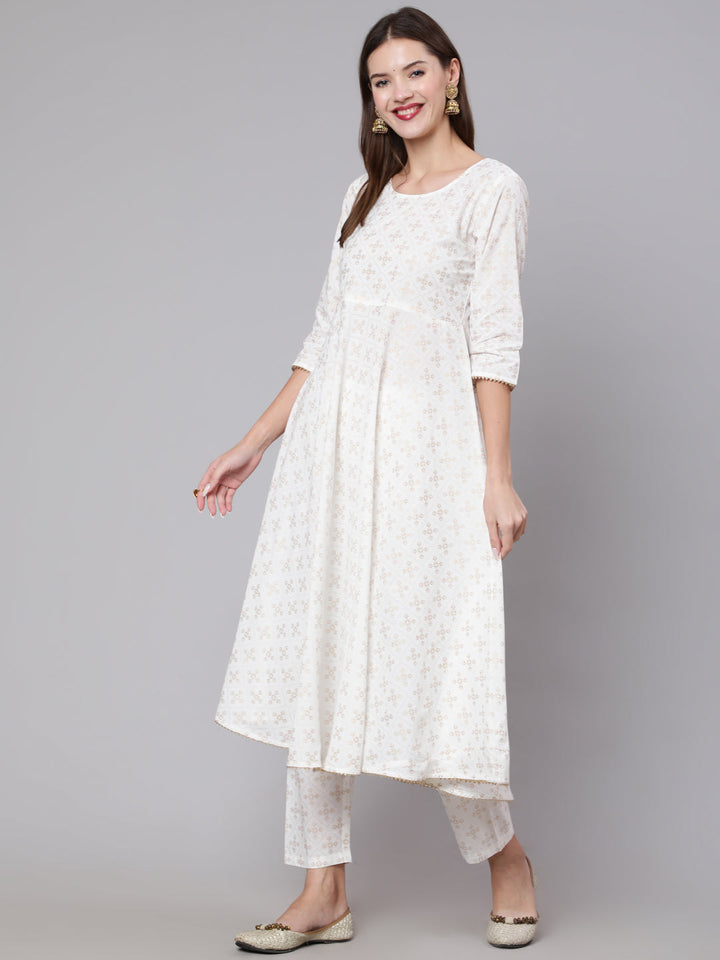 Off White Flared Kurta With Trouser &amp; Dupatta