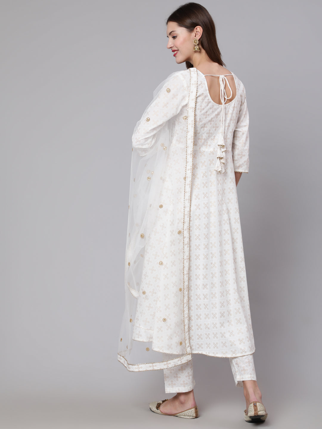 Off White Flared Kurta With Trouser & Dupatta