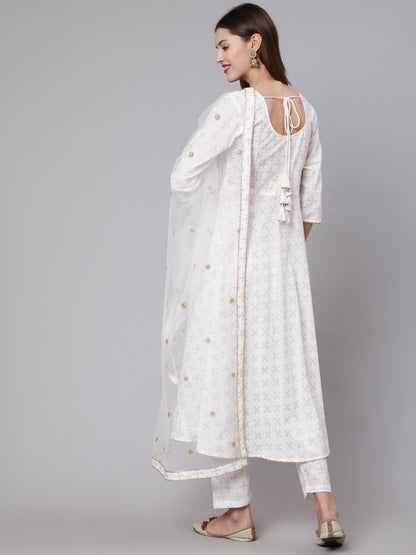 Off White Flared Kurta With Trouser & Dupatta