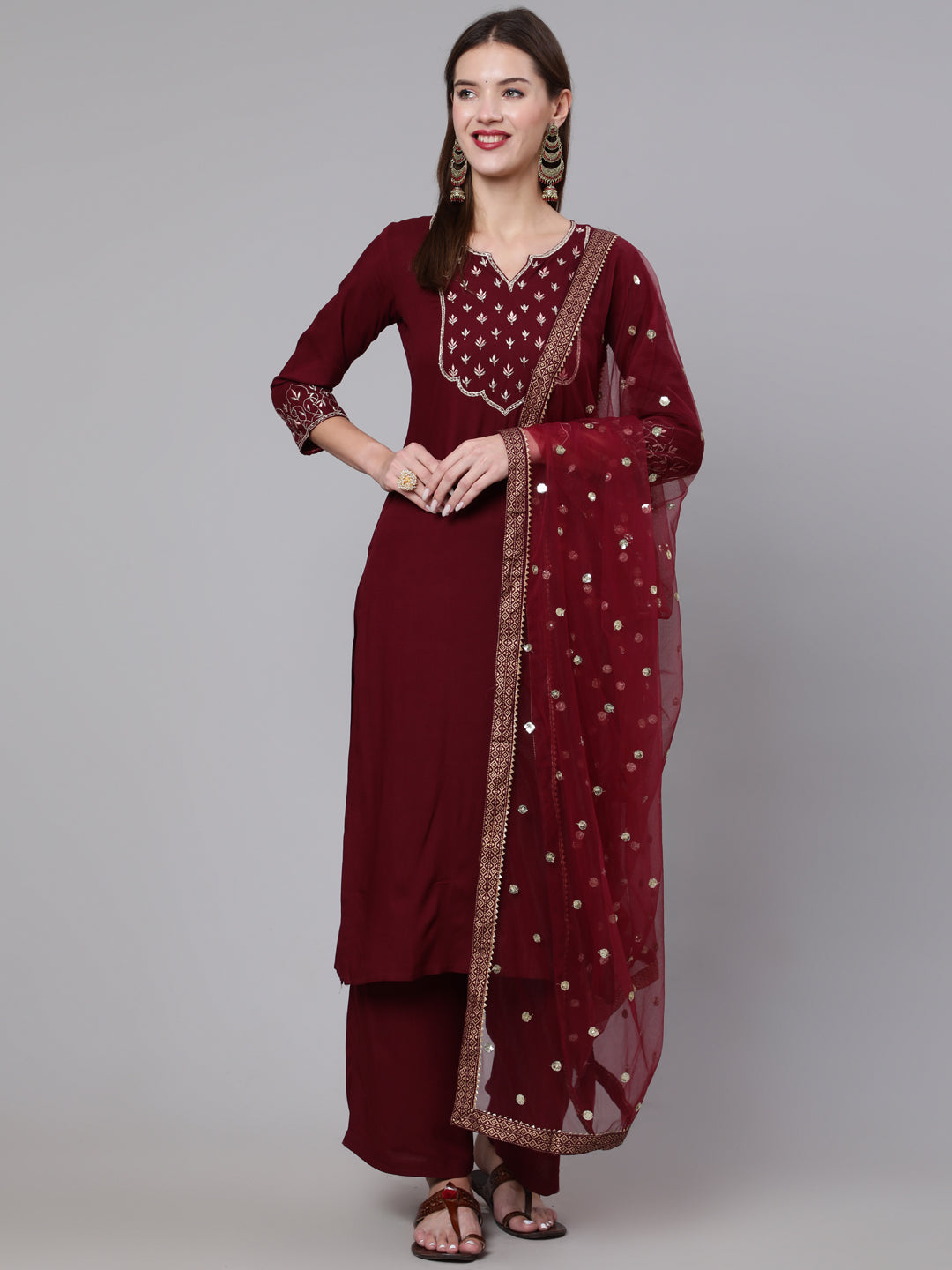 Burgundy Embroidered Kurta With Palazzo &  Dupatta