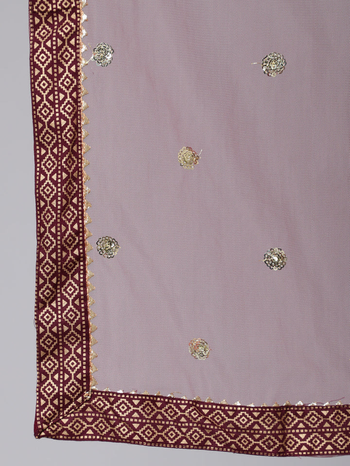Burgundy Embroidered Kurta With Palazzo &amp;  Dupatta
