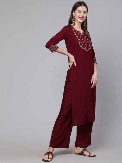 Burgundy Embroidered Kurta With Palazzo &  Dupatta