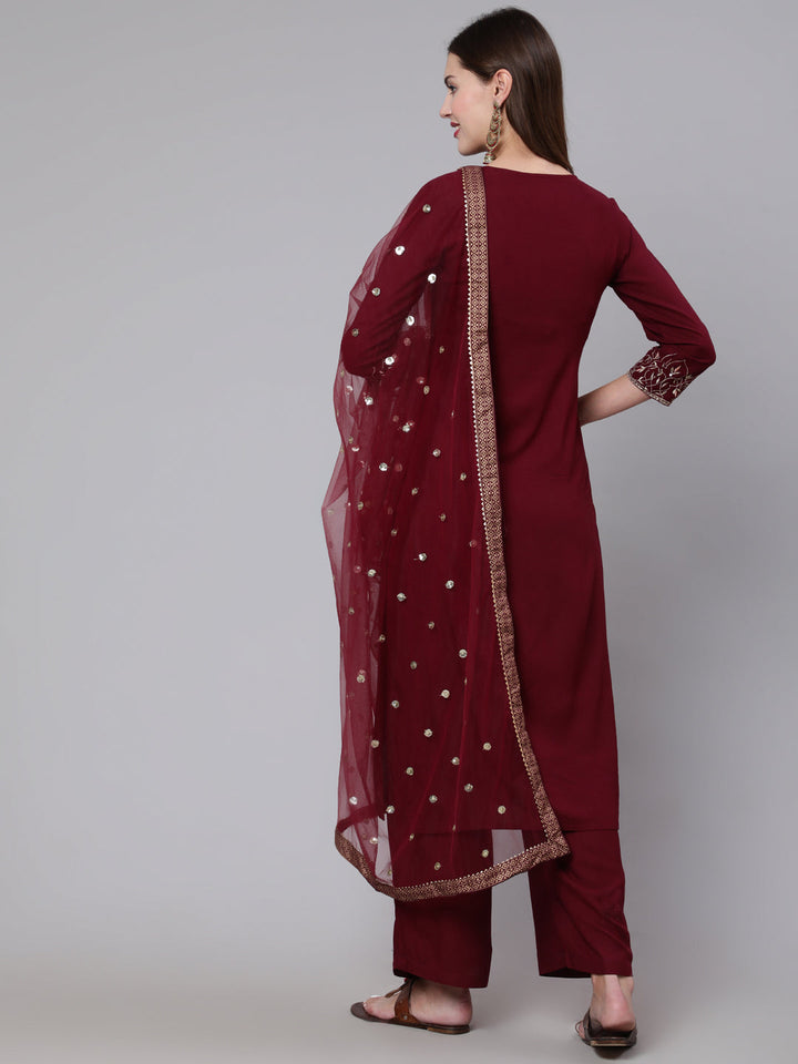 Burgundy Embroidered Kurta With Palazzo &amp;  Dupatta