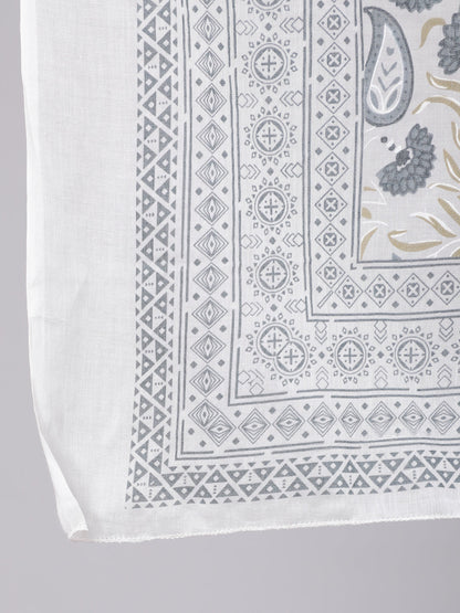 Grey Printed Flared Kurta With Trouser & Dupatta