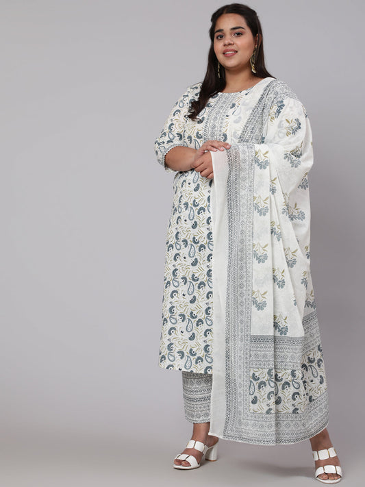 Plus Size Grey Printed Kurta And Palazzo With Dupatta