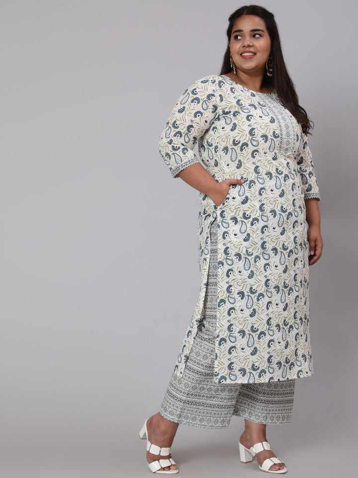 Plus Size Grey Printed Kurta And Palazzo With Dupatta