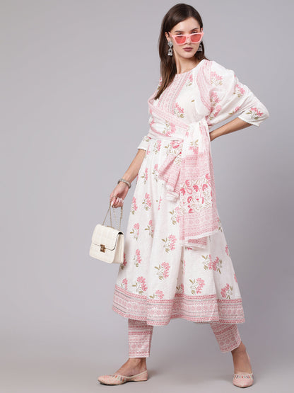 Pink Printed Flared Kurta With Trouser & Dupatta