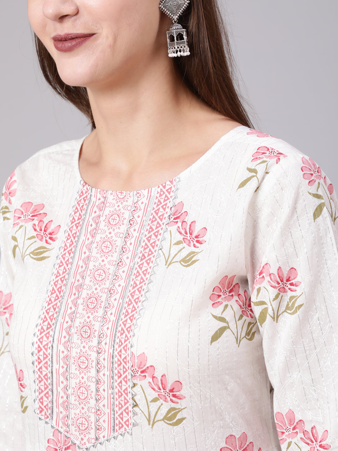 Pink Printed Flared Kurta With Trouser & Dupatta