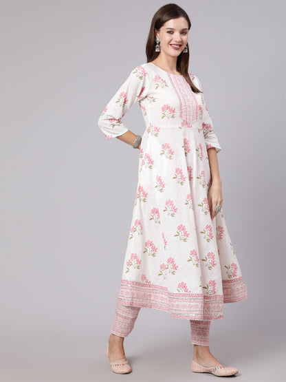 Pink Printed Flared Kurta With Trouser & Dupatta