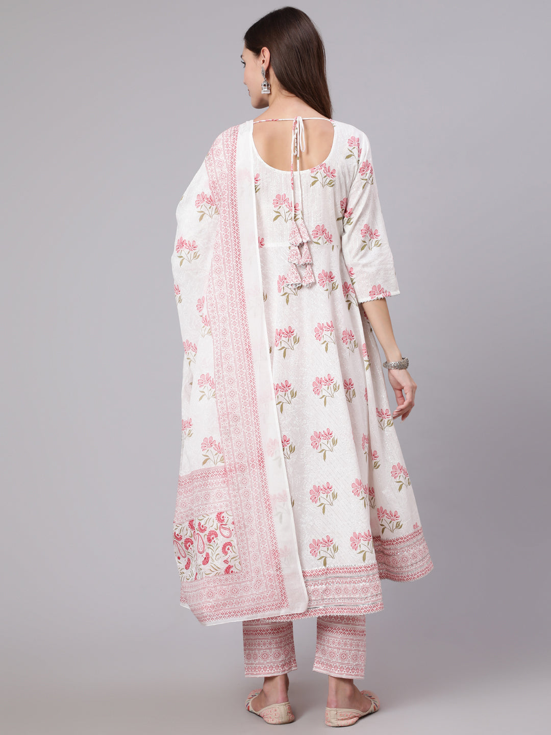 Pink Printed Flared Kurta With Trouser & Dupatta