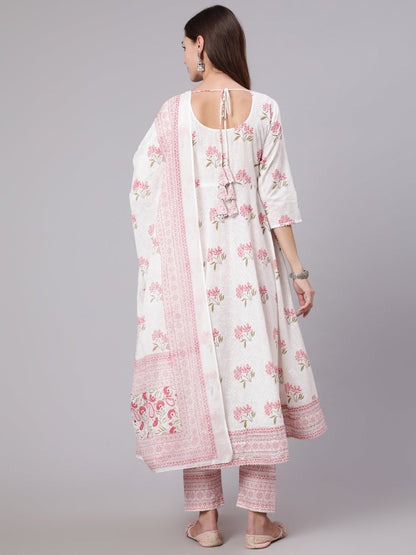 Pink Printed Flared Kurta With Trouser & Dupatta