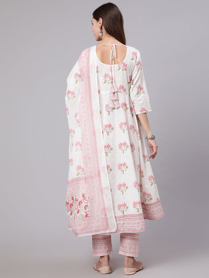 Pink Printed Flared Kurta With Trouser &amp; Dupatta