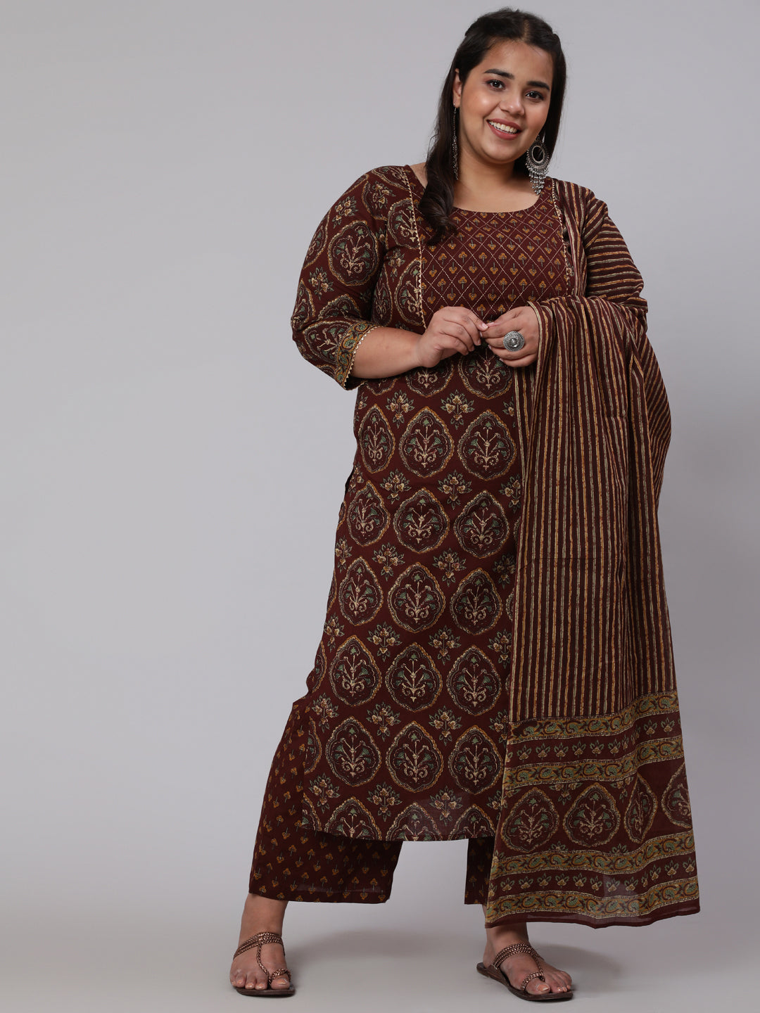 Plus Size Brown Printed Straight Kurta With Plazo & Dupatta