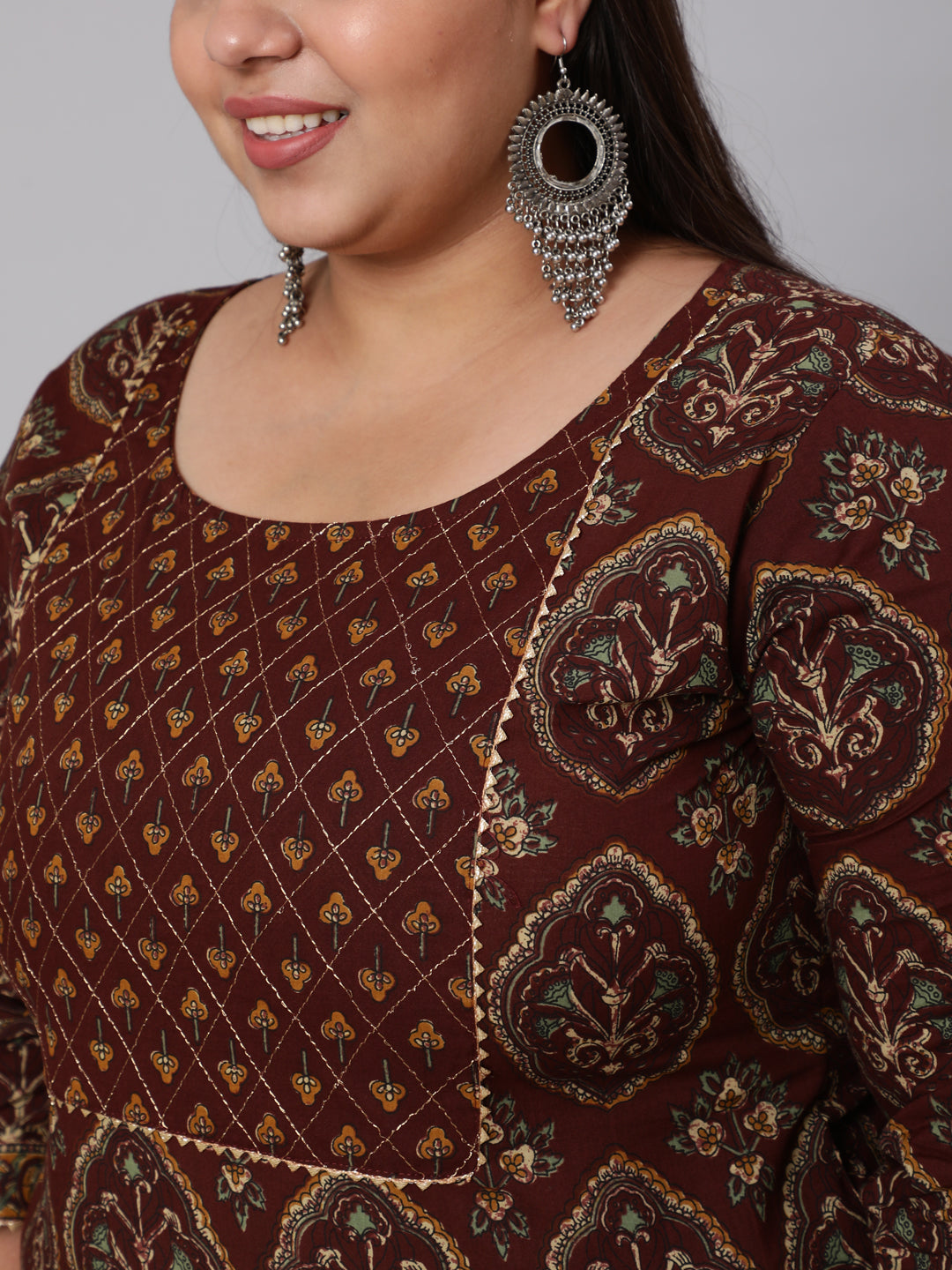 Plus Size Brown Printed Straight Kurta With Plazo &amp; Dupatta