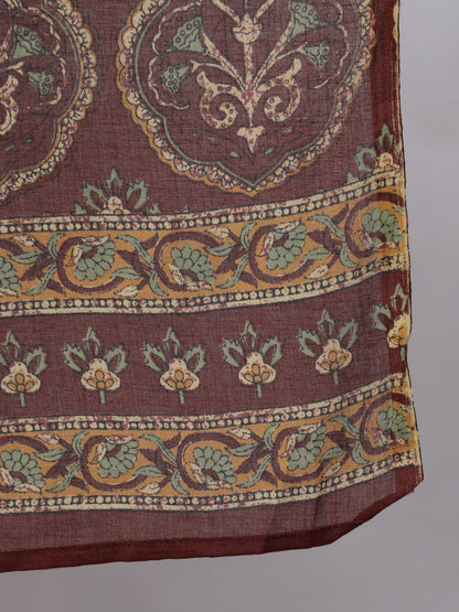 Plus Size Brown Printed Straight Kurta With Plazo & Dupatta