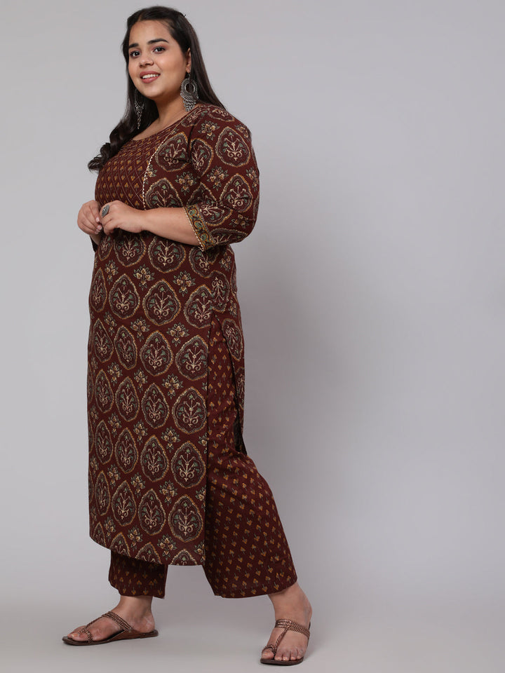 Plus Size Brown Printed Straight Kurta With Plazo &amp; Dupatta