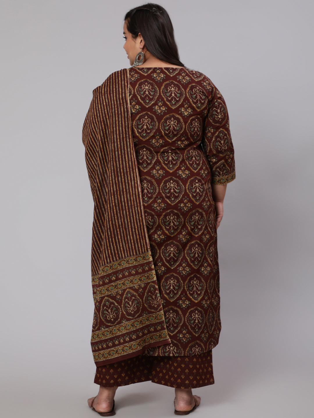 Plus Size Brown Printed Straight Kurta With Plazo & Dupatta