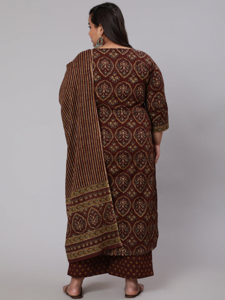Plus Size Brown Printed Straight Kurta With Plazo &amp; Dupatta