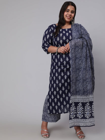 Plus Size Navy Blue floral Printed Kurta And Palazzo With Dupatta