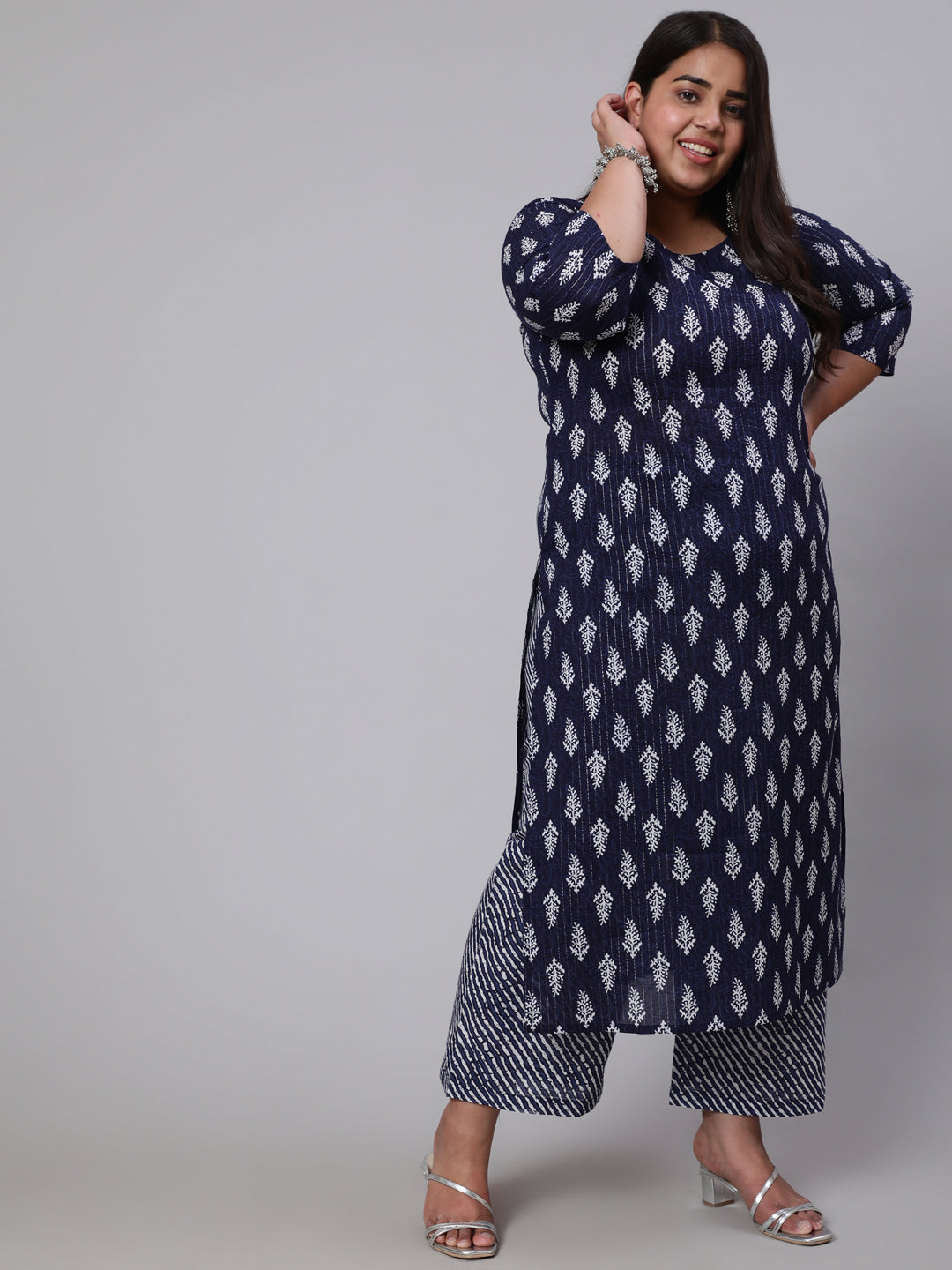 Plus Size Navy Blue floral Printed Kurta And Palazzo With Dupatta
