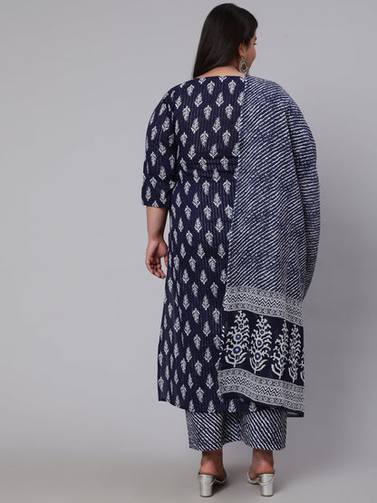 Plus Size Navy Blue floral Printed Kurta And Palazzo With Dupatta