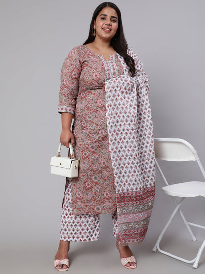 Plus Size Brown Printed Kurta And Palazzo With Dupatta