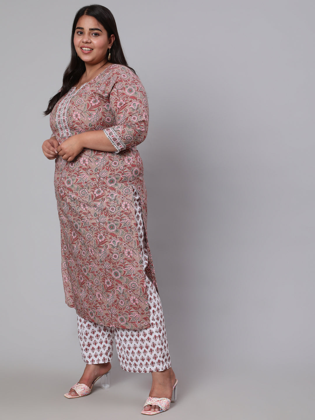 Plus Size Brown Printed Kurta And Palazzo With Dupatta