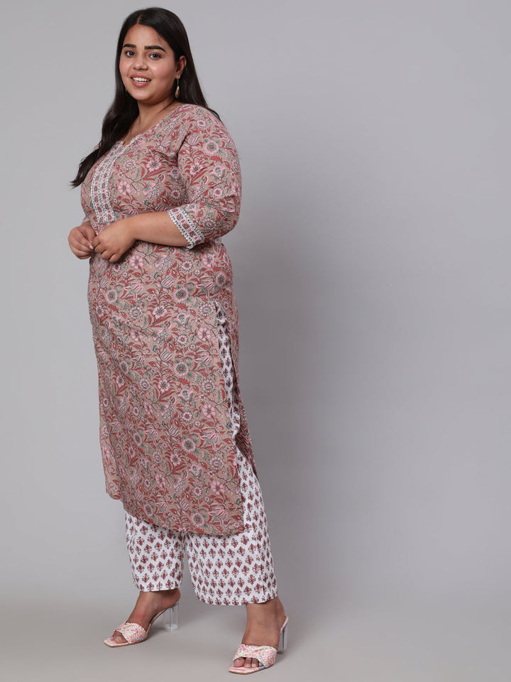 Plus Size Brown Printed Kurta And Palazzo With Dupatta
