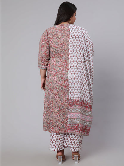 Plus Size Brown Printed Kurta And Palazzo With Dupatta