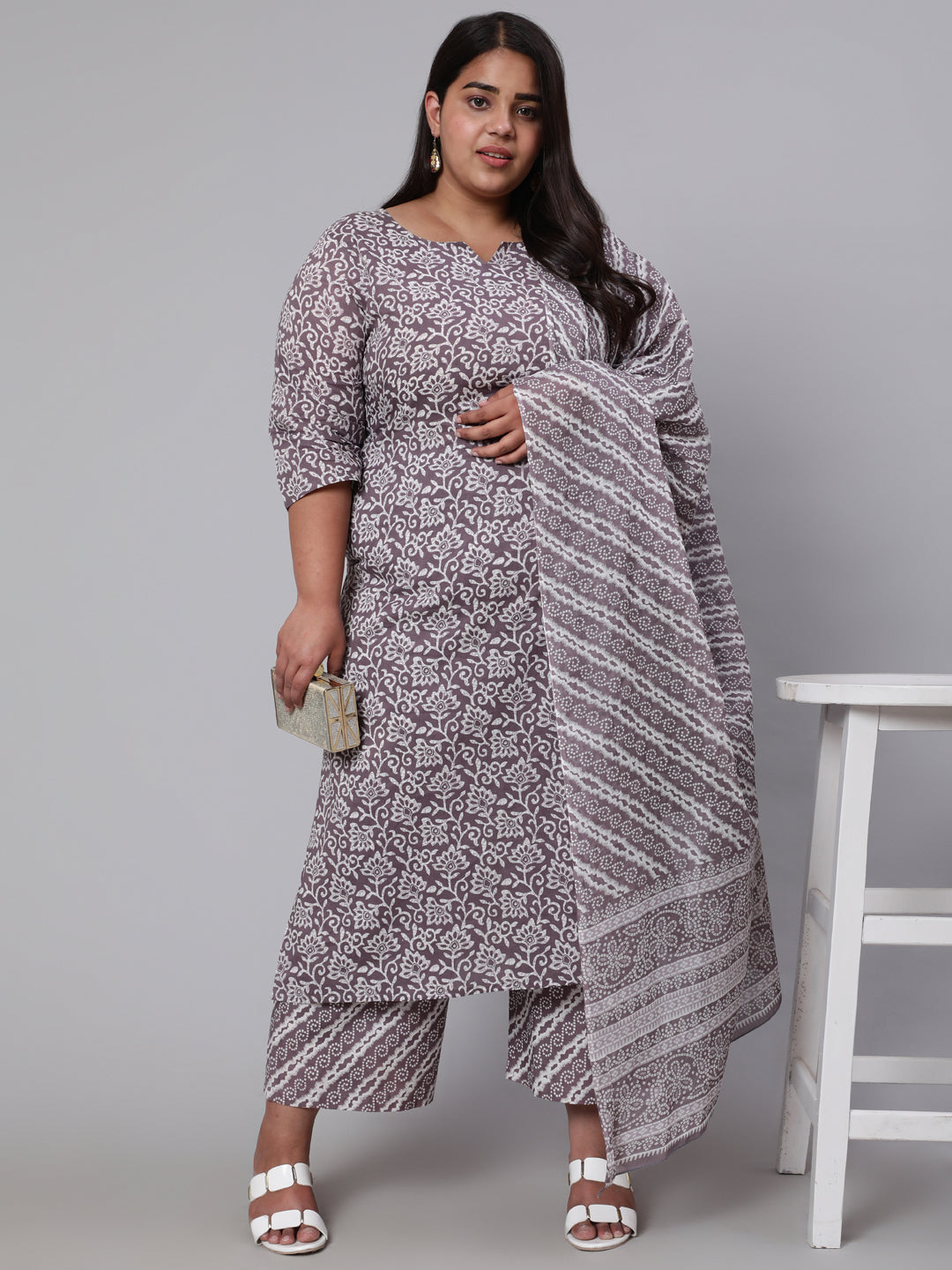 Plus Size Grey Printed Kurta And Palazzo With Dupatta