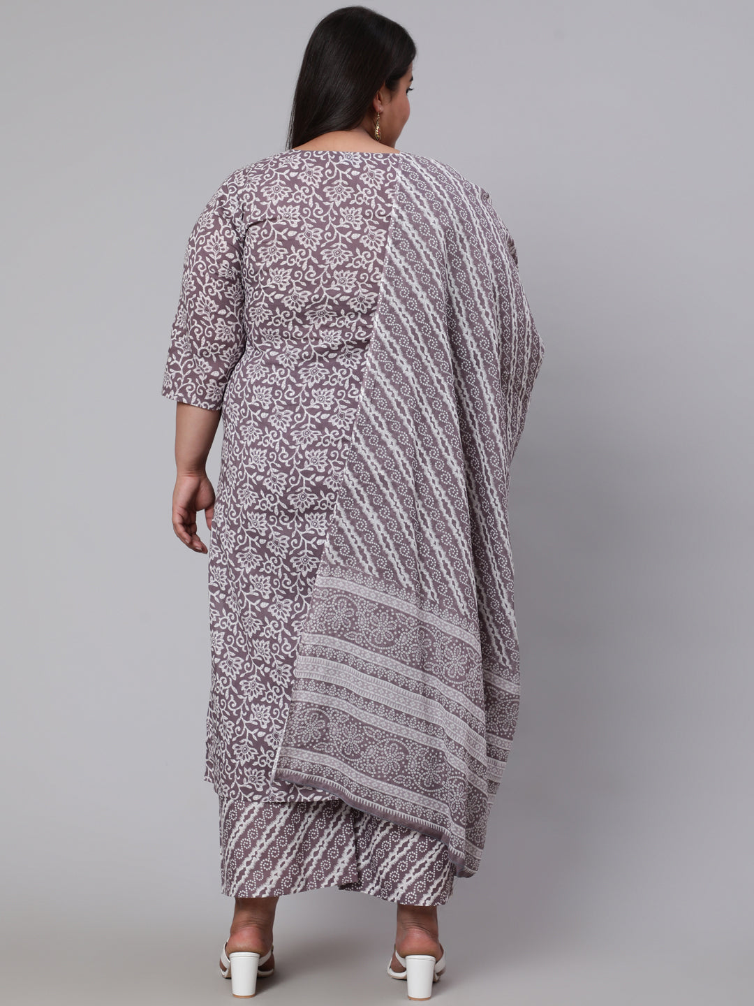 Plus Size Grey Printed Kurta And Palazzo With Dupatta