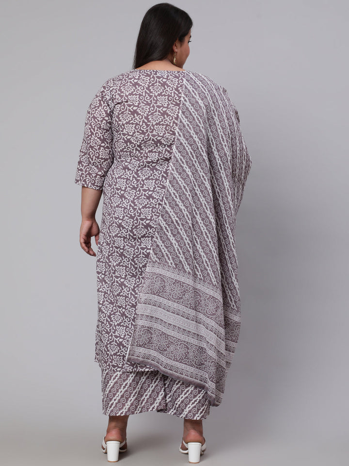 Plus Size Grey Printed Kurta And Palazzo With Dupatta