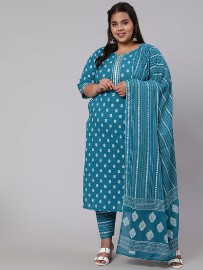 Plus Size Blue Printed Straight Kurta With Palazo & Dupatta