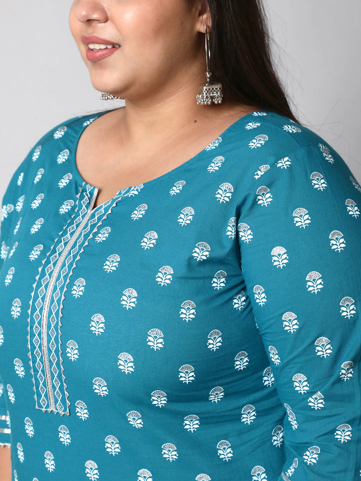 Plus Size Blue Printed Straight Kurta With Palazo &amp; Dupatta